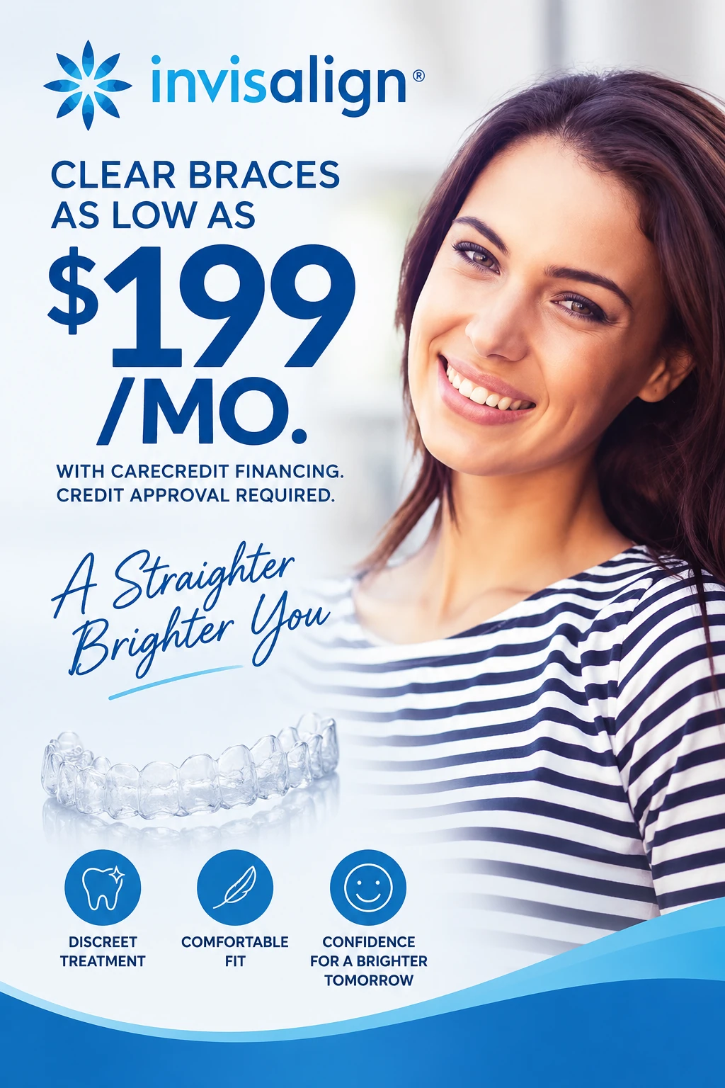 Invisalign clear braces as low as $199 a month with CareCredit financing — credit approval required