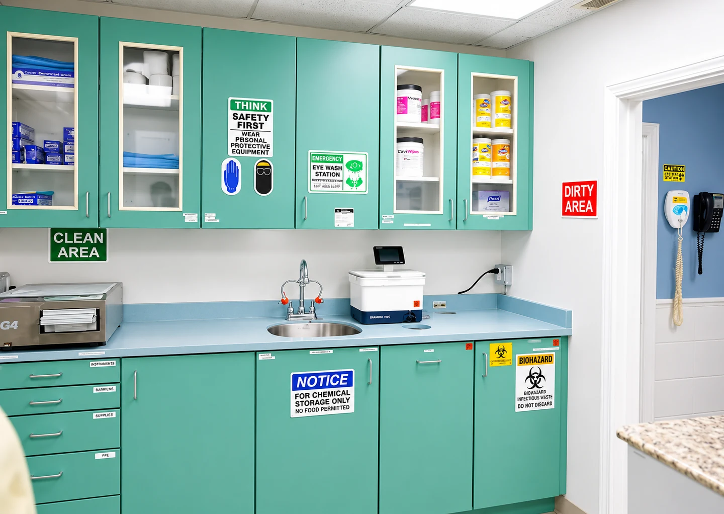 The sterilisation room with its marked clean and dirty zones