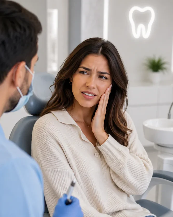 A woman holding her jaw while waiting to be seen in the dental chair