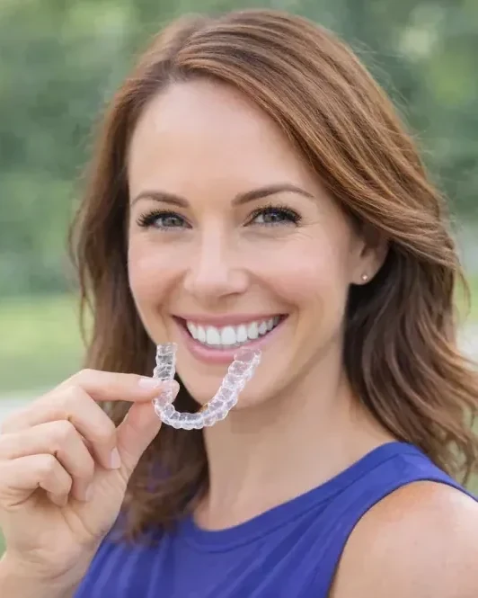 A woman holding a clear Invisalign aligner