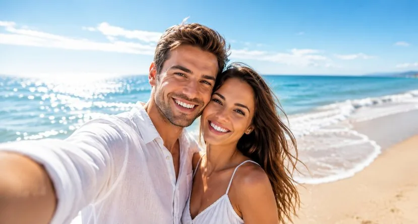 A couple smiling together on the beach